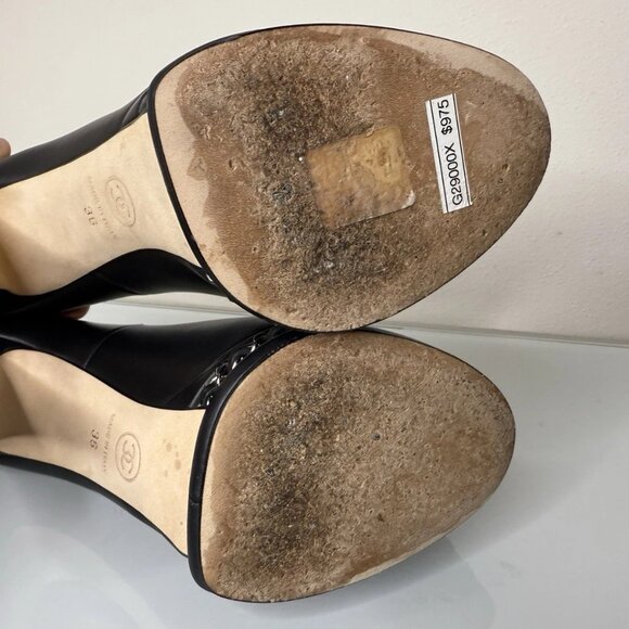 Chanel Black Leather Platform Silver Chain Pump Heel Shoes Sz 36 EU CC Cap Toe - Picture 11 of 12